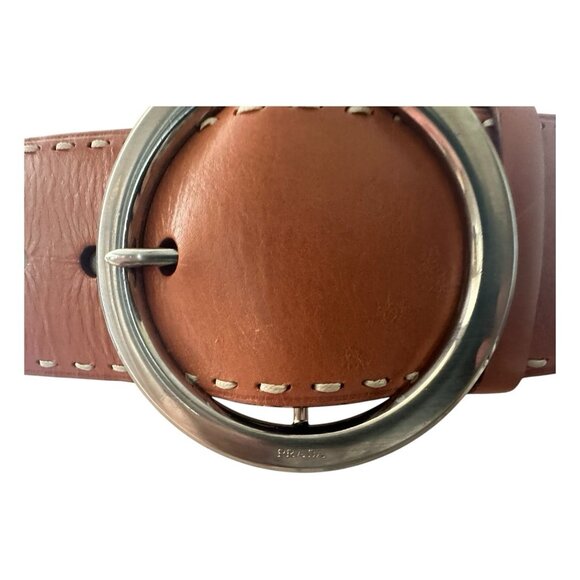 PRADA Belt Women 36 EU 90 Wide Leather Brass Round Buckle Hippie Statement Italy - Picture 8 of 16